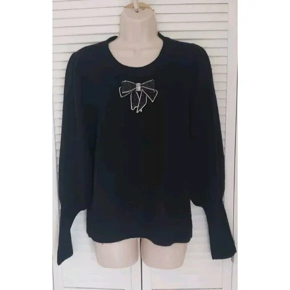 NWT CECE CREW NECK LONG PUFF SLEEVE RHINESTONE BOW KNIT SWEATER SMALL - Picture 4 of 11